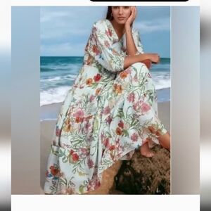Johnny Was Workshop Liliana Floral Dolman Tiered Silk V-Neck Maxi Dress Size L